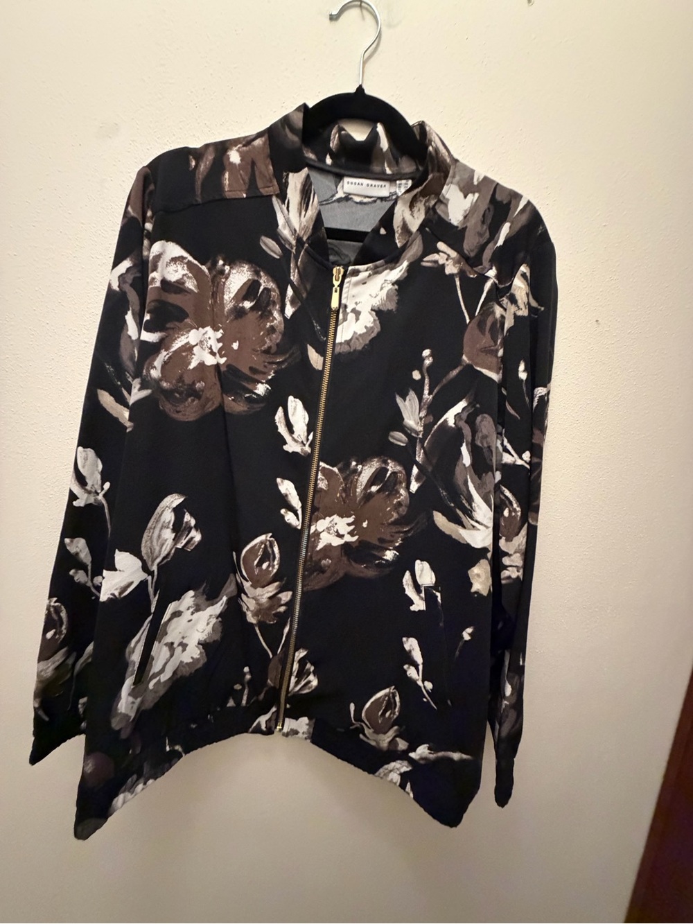 Susan Graver Black Floral Zip-Front Bomber Jacket